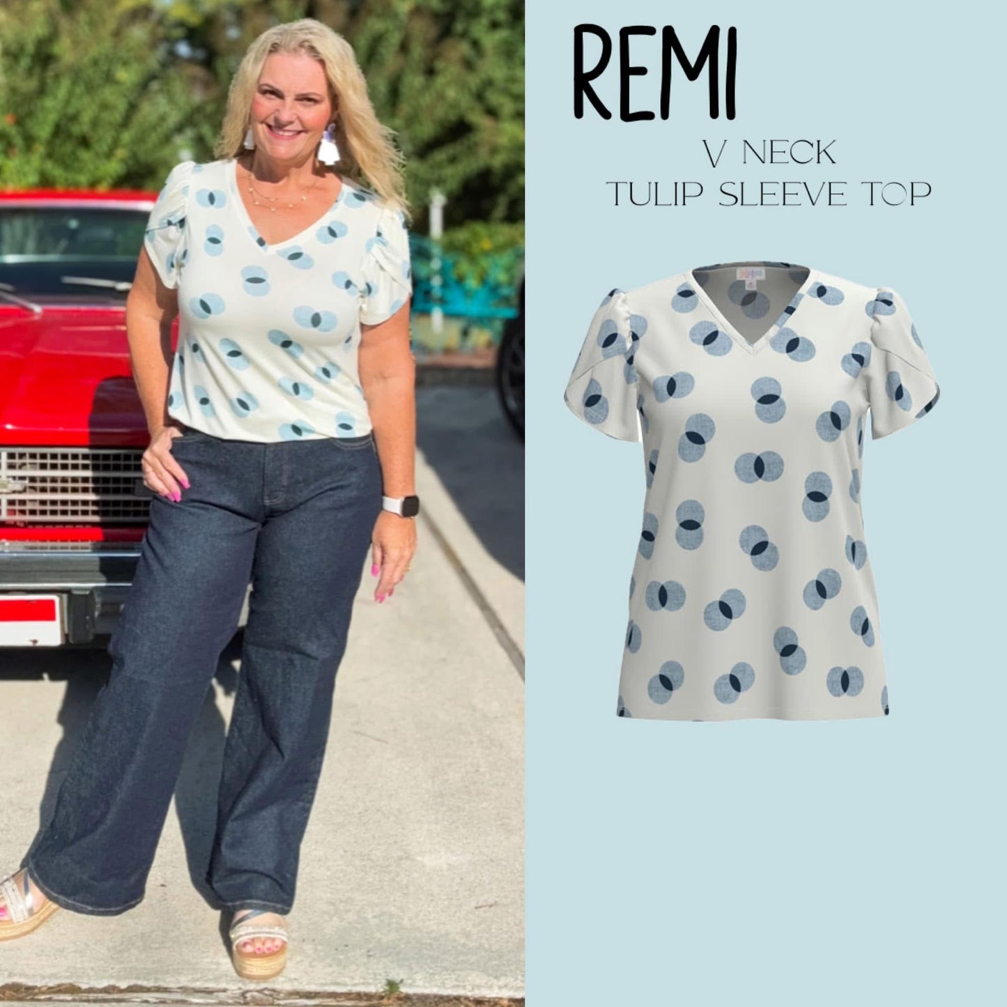 LuLaRoe Remi V-Neck Tulip Sleeve Top - White Blue Dots